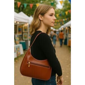 Talbots NWT Vintage Brown Patent Leather like Handbag Gold Accents Zipper Close